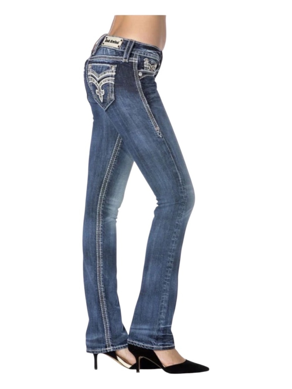 Rock Rivaval Minh Straight Leg Low Rise Jeans Womens 26 Faded Embellishments